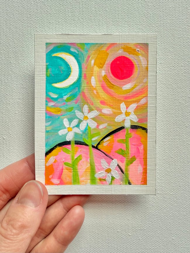 Four little daises fell in love with the moon. Original mini painting.