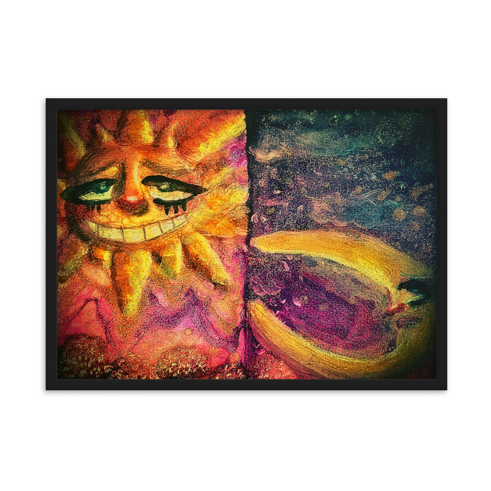 Image of Trippy Psychedelic Sun and Moon Framed Painting