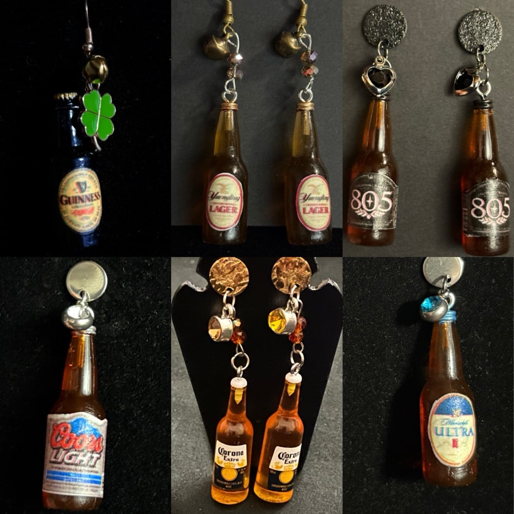 Image of beer bottle mini dangle earrings coors, Michelob ultra, bud, corona, 805, etc 