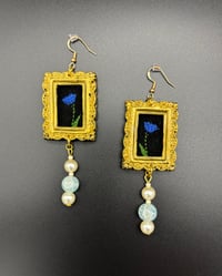 Embroidered Blue Flower Earrings – Gold Frame, Pearl & Glass Beads, One of a Kind Vintage Jewelry