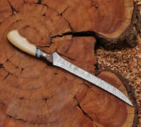 Image 3 of 13" Handmade Damascus Steel Fillet Knife with Bone Handle & Leather Sheath