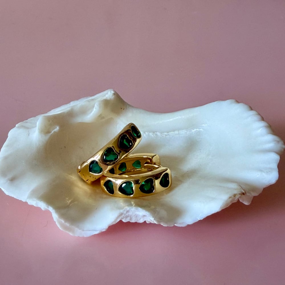 Image of Green Glass Heart Huggie Hoops
