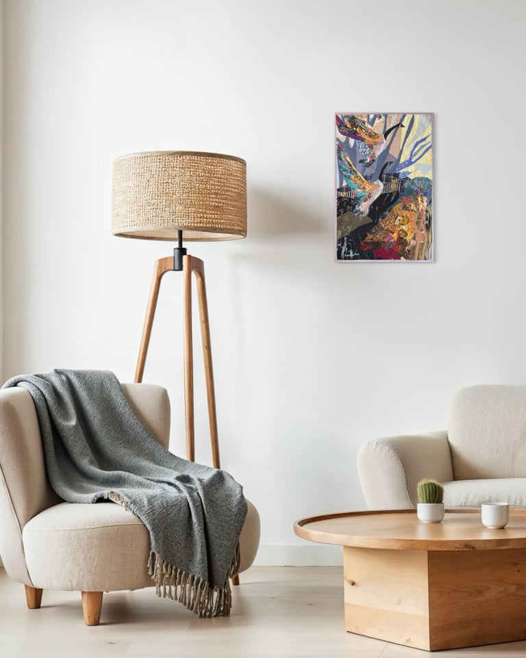 "Let's fly on" - 73x48 cm, art quilt with birds Image 4