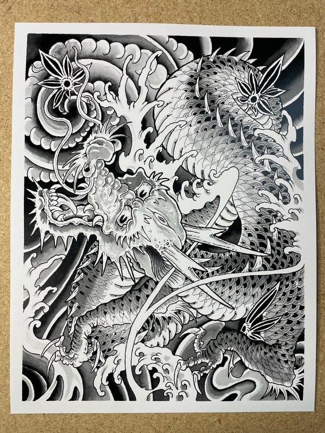 Dragon and maple leaves