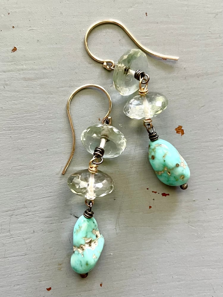 Image of Luxe prasiolite and Sleeping Beauty turquoise earrings . 14k gold and sterling