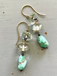 Image 2 of Luxe prasiolite and Sleeping Beauty turquoise earrings . 14k gold and sterling