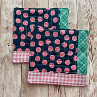 Image 1 of “Navy & Pink Smileys” Scrappy Quilted Coaster