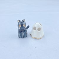 Image 3 of glow in dark Black kitten with ghost mask ceramic figurine