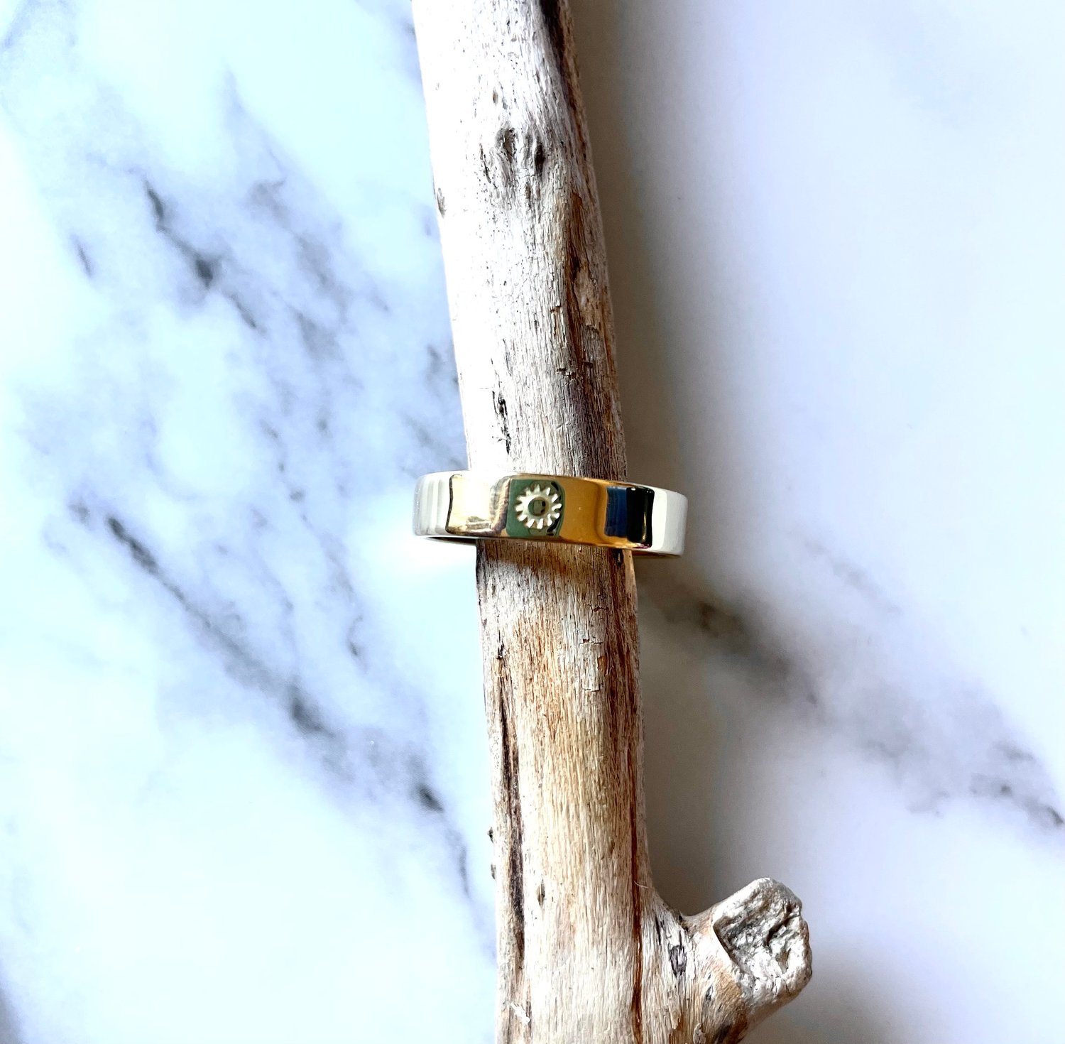 Image of Celestial 18ct Gold Wedding Ring With Sun AND Moon stamps. Celestial Wedding Band.