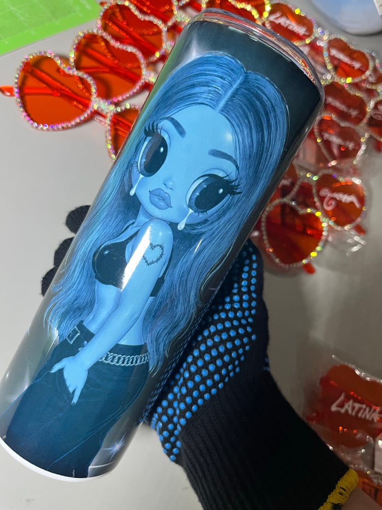Image of Karol G Blue Sad Doll  SUBLIMATED STAINLESS STEEL TUMBLER