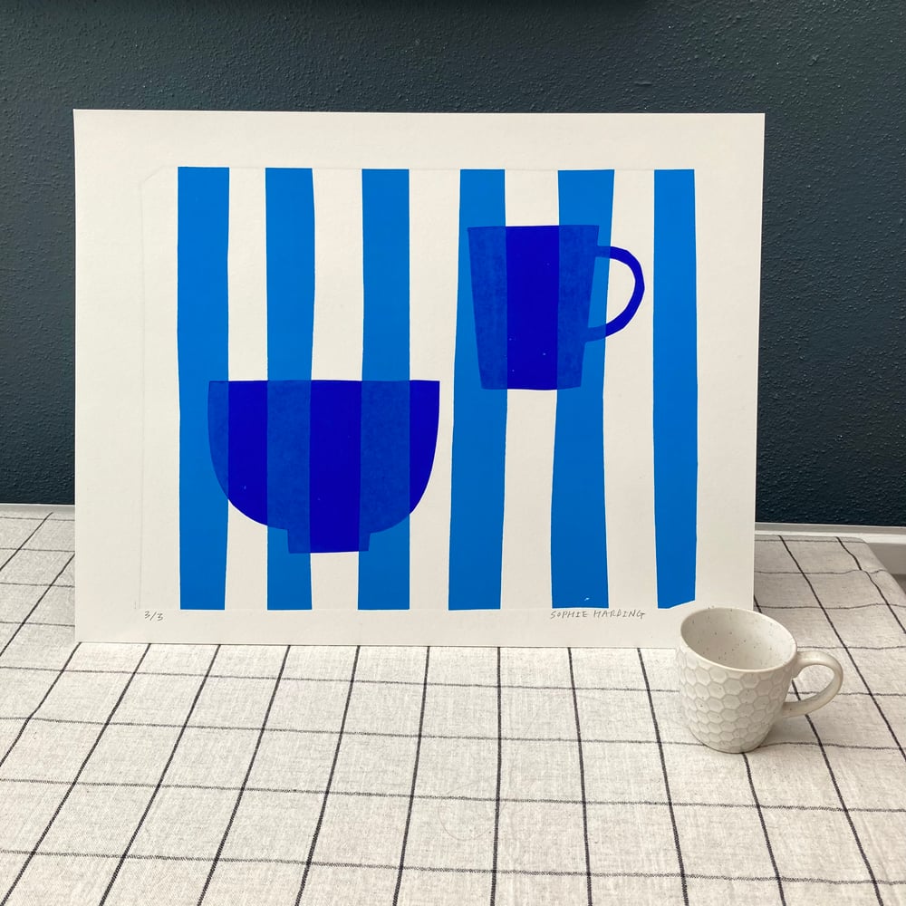 Image of Bowl and Cup on Blue Stripes monoprints