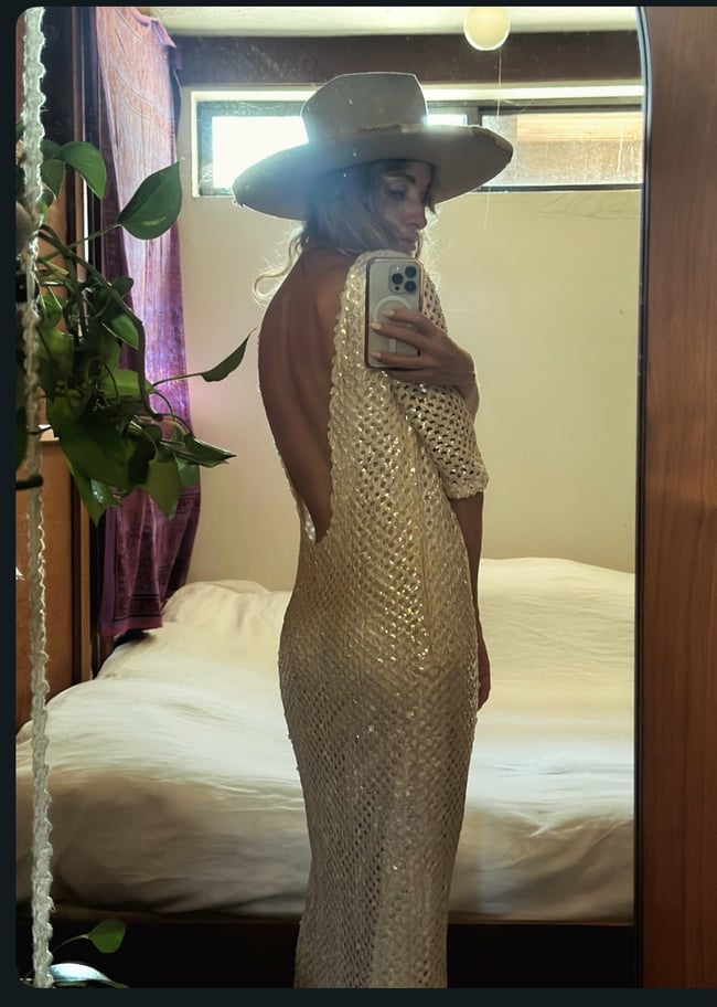 late 60s plunging low back champagne sequin crochet maxi dress