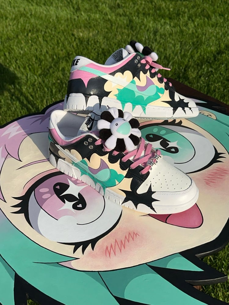 Image of Pink Acid Handpanited Nike Dunk w/ Custom Murakami Flower. 1 of 1. Made by @tylr.iii