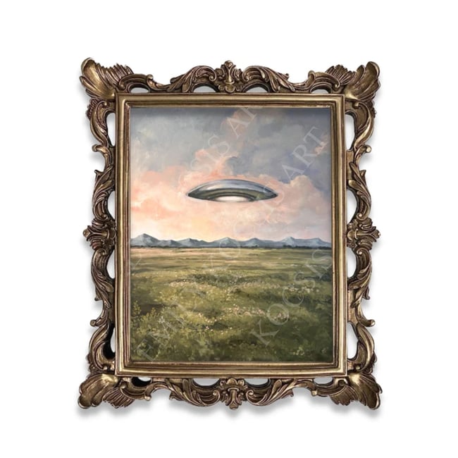 Original Painting Print // ‘UFO Daydream’ Dreamy Flying Saucer Landscape in Oil