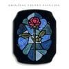 Original Velvet Painting 9x7 // Faux Medieval Stained Glass Rose on Black Velvet Wood Plaque