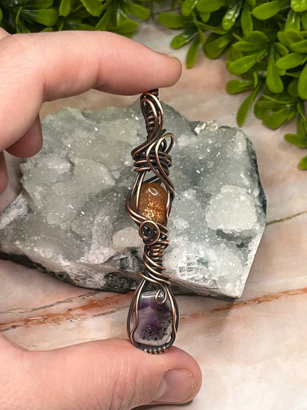 Image of Wire Wrapped Sunstone Trapiche Amethyst Double Pendant 