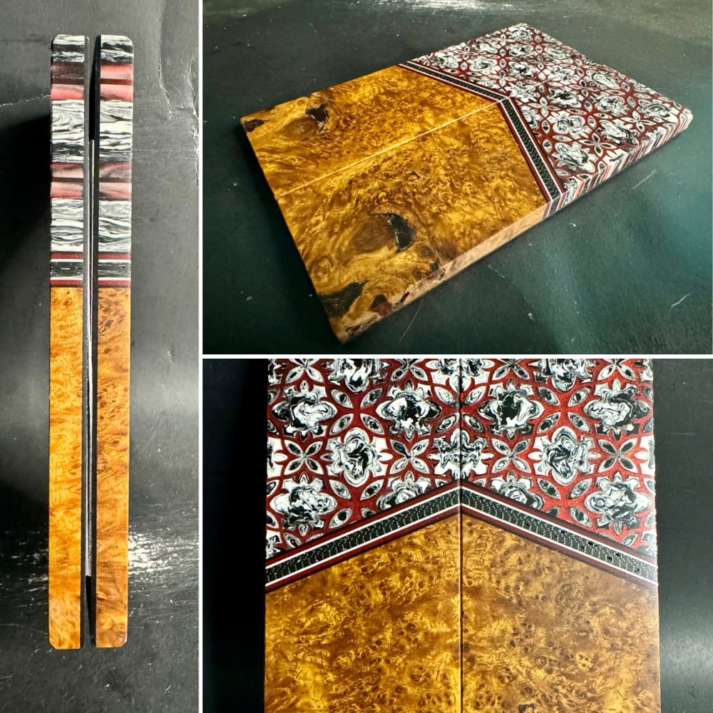 Image of @Kaoticartworks Resin & Amboyna Burl Segmented Knife Scales