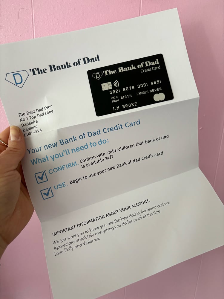 Image of Bank of dad letter with metal card *personalised with a message*