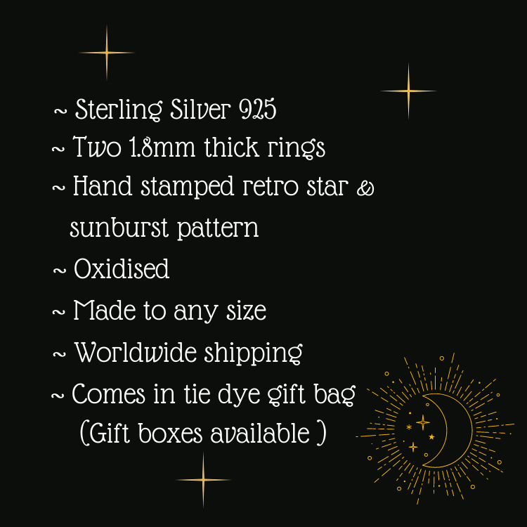 Image of Two Stacking rings silver sunburst & retro star design.Celestial 50s vintage faceted Sterling rings.