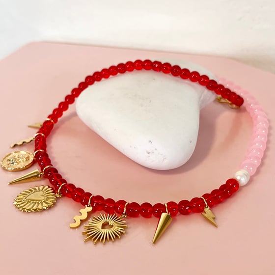 Image of Red and Pink Beaded Necklace with Gold Charms