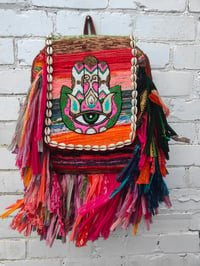 Image 1 of 3-Frill sari Bohemian Back Pack with leather strap
