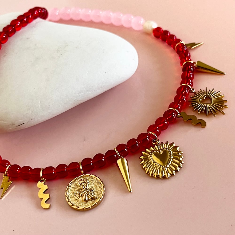 Image of Red and Pink Beaded Necklace with Gold Charms