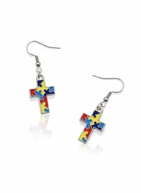 Image 1 of Autism Awareness Cross Earrings – Puzzle Piece Dangle Jewelry