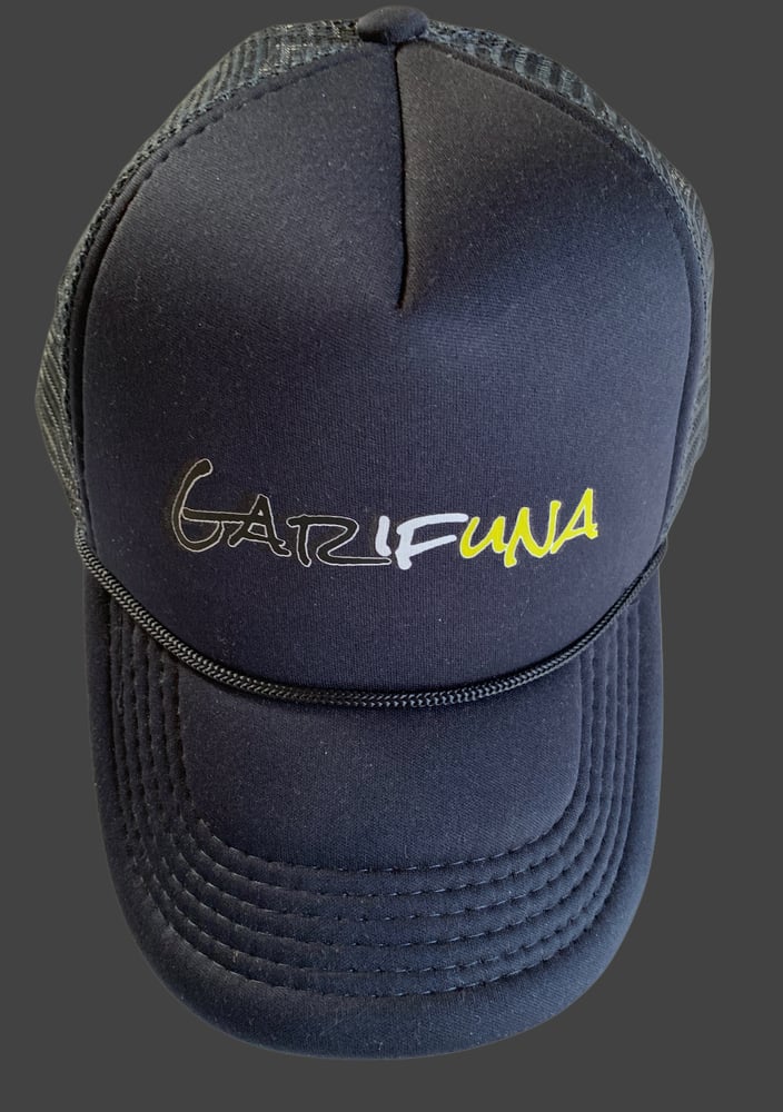 Image of Garifuna Trucker Hat. Navy Blue and Black