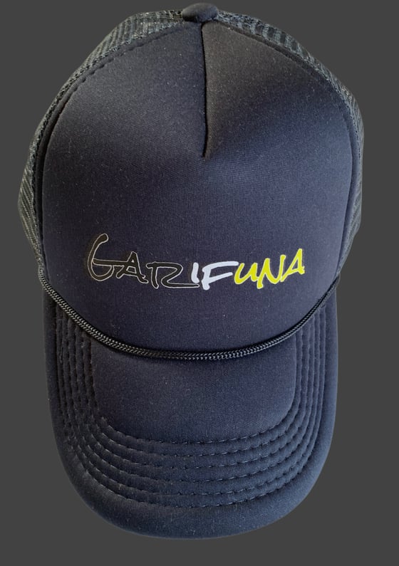 Image of Garifuna Trucker Hat. Navy Blue and Black