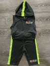 Black w/ Neon Fluorescent Yellow Stripe Two Piece Sleeveless hooded Top & Short Set