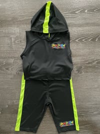 Black w/ Neon Fluorescent Yellow Stripe Two Piece Sleeveless hooded Top & Short Set