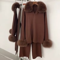 Image 1 of fox fur collar and cuff lux loungewear set 