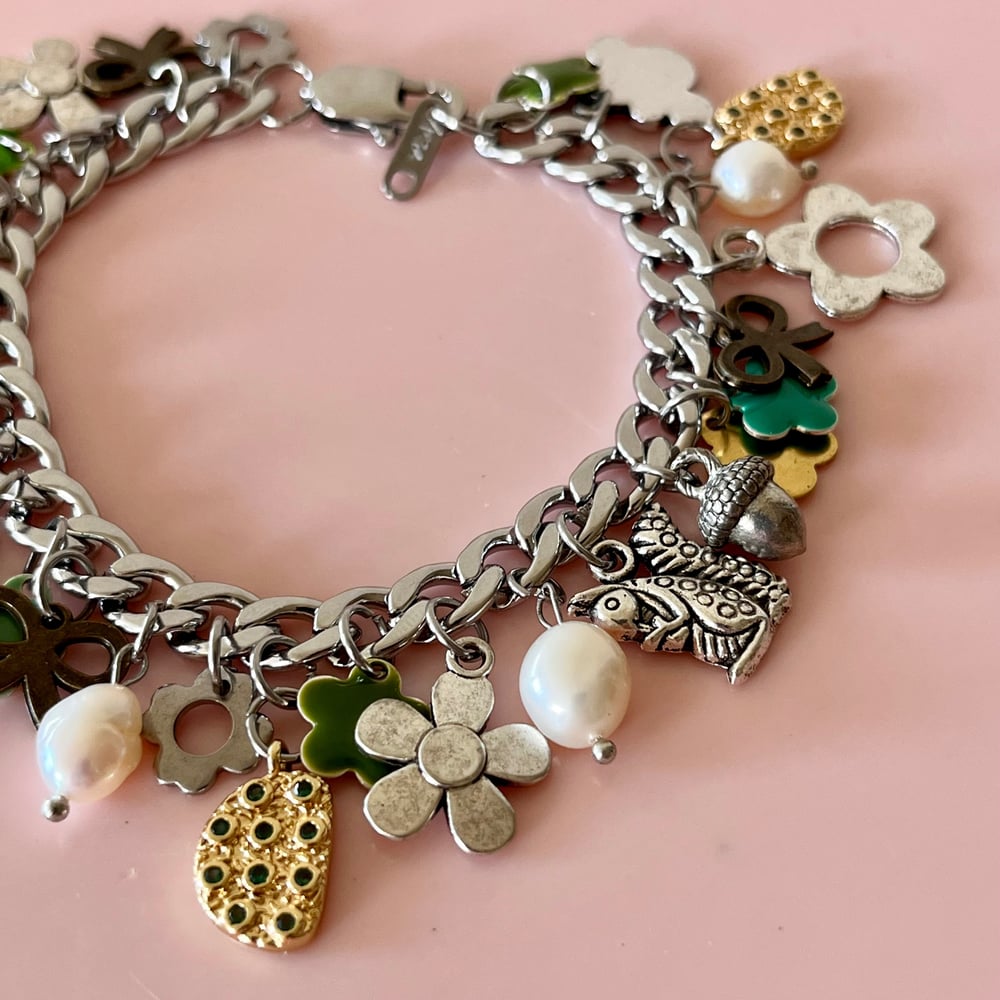 Image of One of a Kind Charm Bracelet - Green flowers, bows, Squirrels, Pearls
