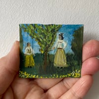 Two girls and a bird - tiny painting 