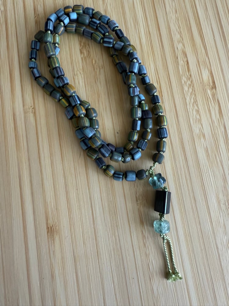 Image of Green-Blue Indonesian Gooseberry Glass Beaded Necklace with Fluorite & Tourmaline Talisman