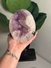 Image 12 of LAVENDER DRUZY QUARTZ EGG WITH RAINBOW FILLED CALCITE POINT ON A STAND -URUGUAY-
