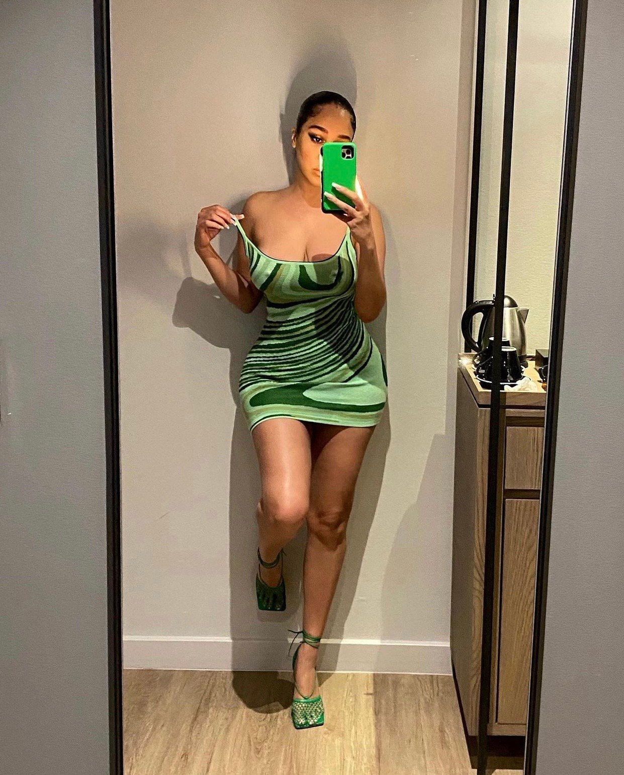 Image of TRI-TONE GREEN PRINTED KNIT MINI DRESS (MEDIUM)