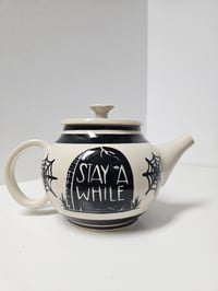 Image 1 of Teapot 3 - "Stay a while" tomb & bat *SECONDS PIECE*