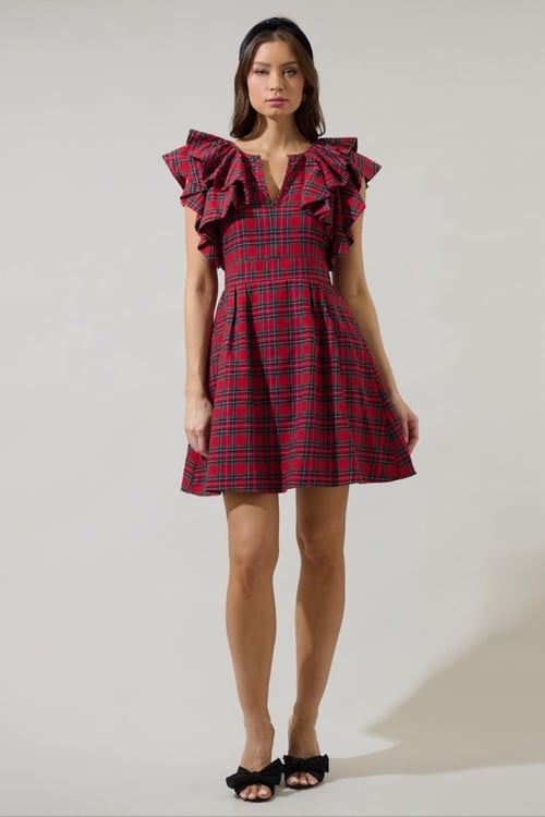 Image of Ruffle Plaid Short Dress 