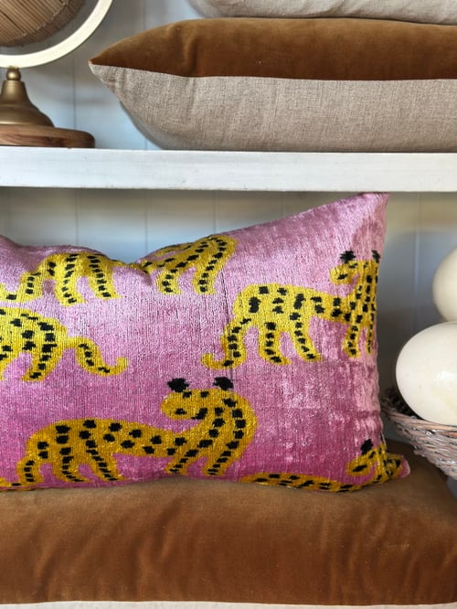 Image of Pink Cheetah Ikat Velvet Cushion