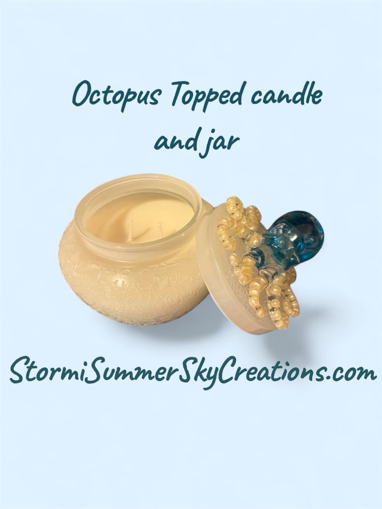 Image of White Candle Jar with Octopus Topper, Sandalwood Scent