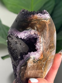 Image 8 of AMETHYST ON A CUSTOM STAND WITH A PERFECT SUGAR COATED CALCITE POINT -URUGUAY-