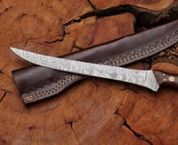 Image 4 of 13" Handmade Damascus Steel Fillet Knife with Bone Handle & Leather Sheath