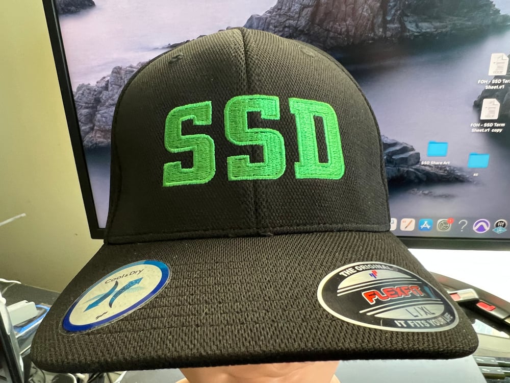 Black Flexfit hat with solid green SSD logo with rear “Boston Crew” logo