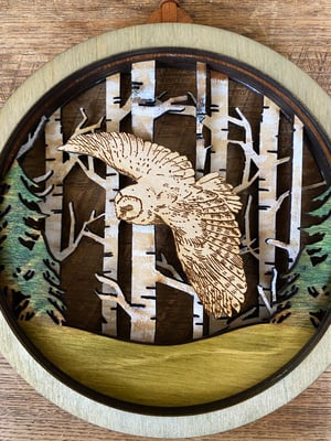 Image of Layered Wood Nature Scenes - Owl in Flight