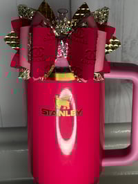 Image 2 of Pink and Gold Pink Parade Queens Crown Tumbler Straw Topper Bow