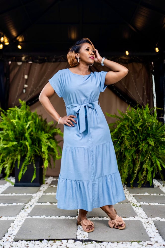 Image of Tiered Dress w/Front Buttons & Waist Tie