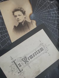 Image 1 of Mori Collection - Memorial Card and photo card 1800s - real preserved spider web
