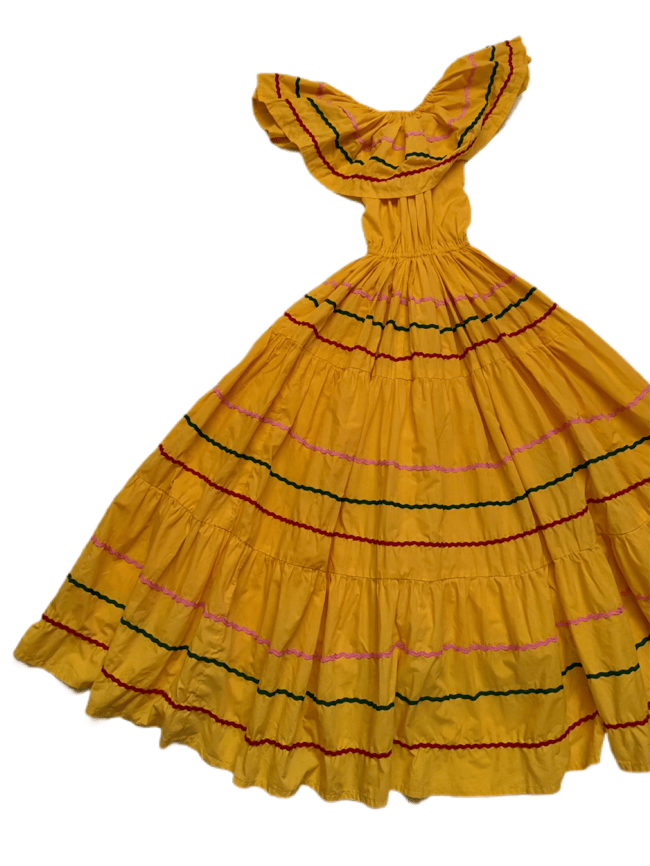 1960s marigold cotton fiesta bohemian dress off shoulder 