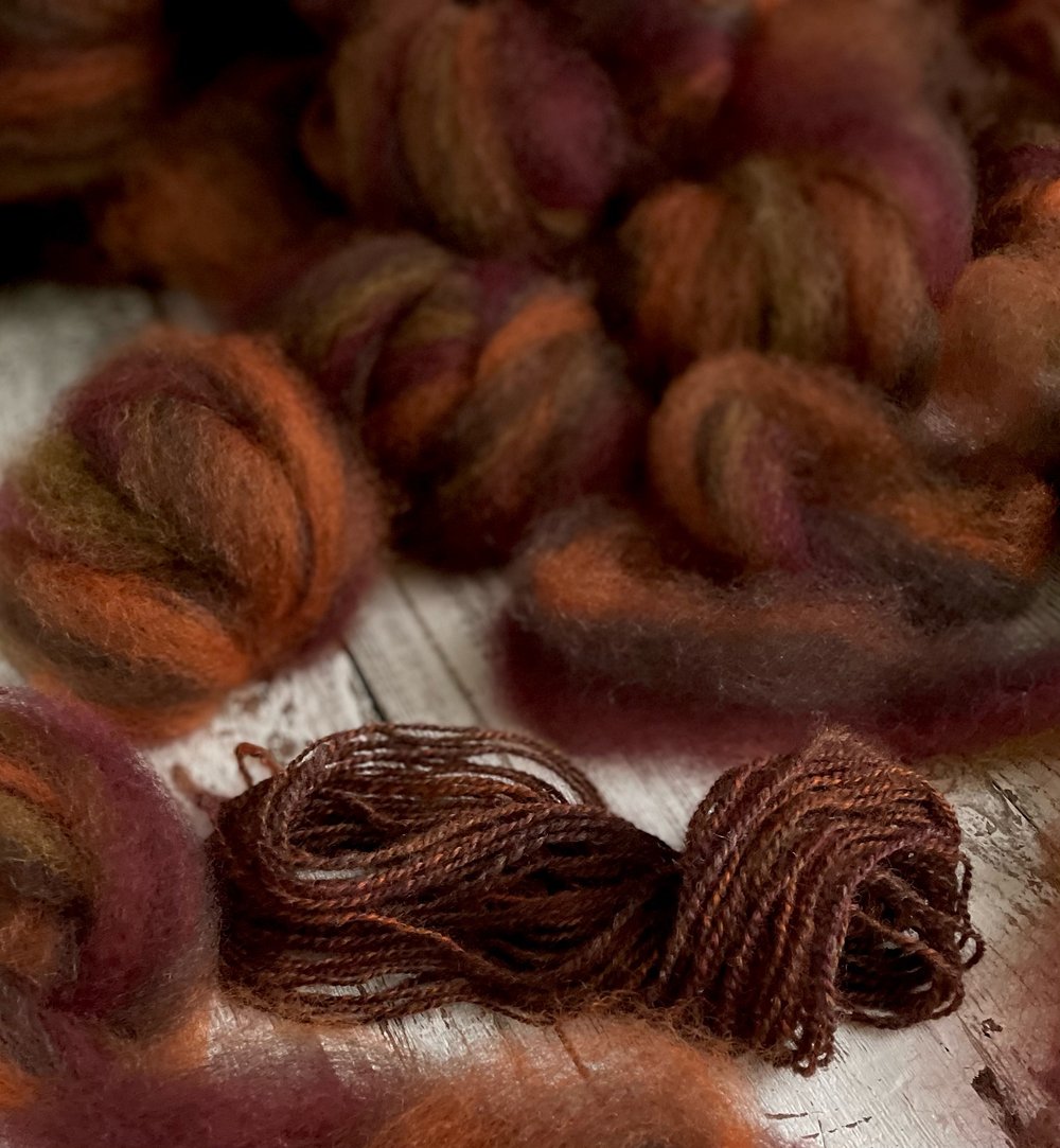 2.5 oz. • Pumpkin Spice roving: on Romney & Romney Hogget from Iron Water Ranch